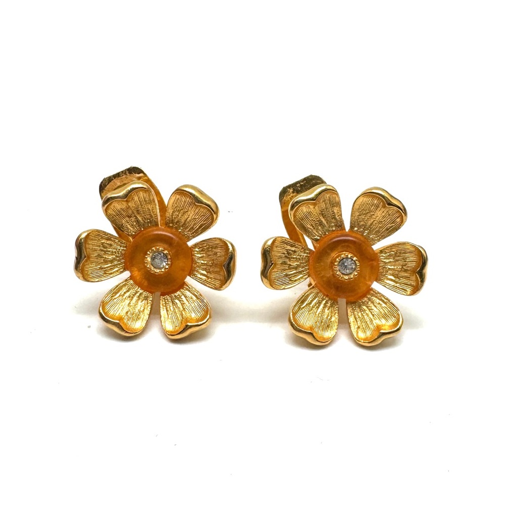 CRAFT Goldtone Flower Earrings with Orange Lucite and Rhinestone Centers Clip-on